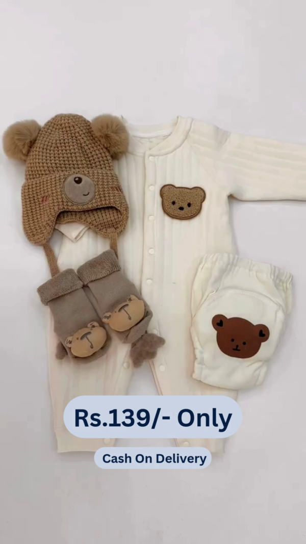 Cute Teddy Print Full Sleeves Full Length Rompers for Newborns and Infants - Brown & White - Image 2