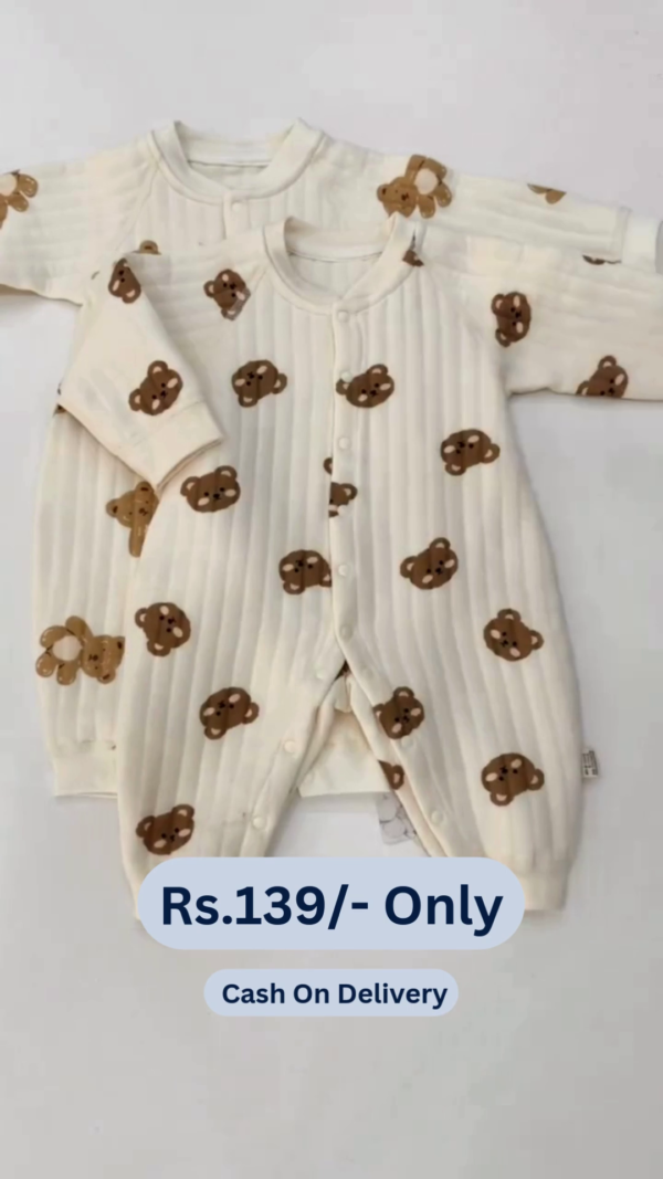 Cute Teddy Print Full Sleeves Full Length Rompers for Newborns and Infants - Brown & White - Image 6