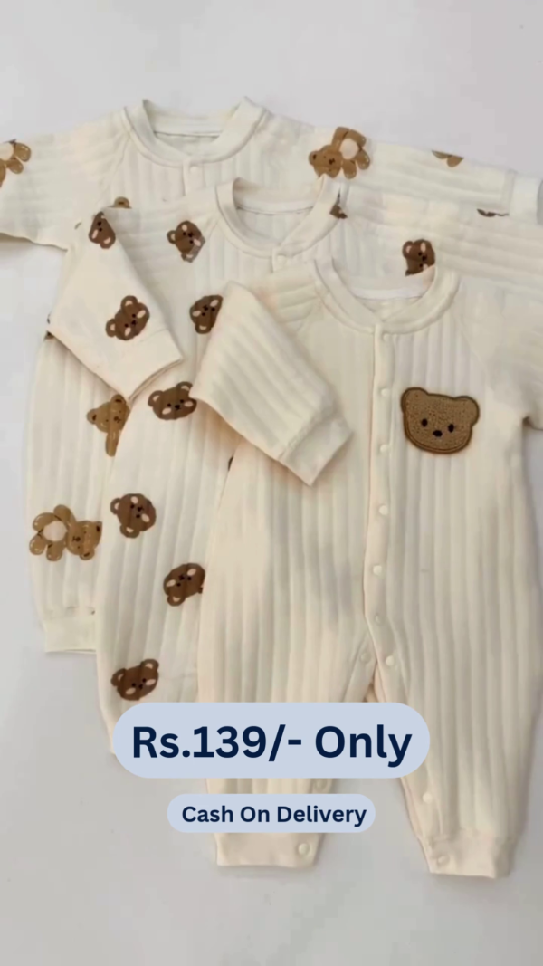 Cute Teddy Print Full Sleeves Full Length Rompers for Newborns and Infants - Brown & White - Image 5