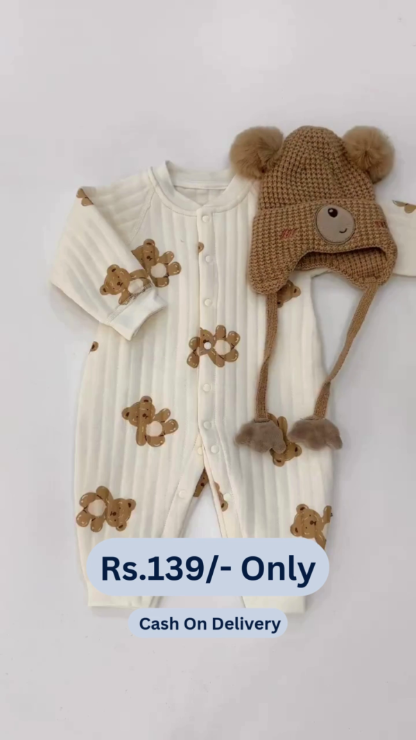 Cute Teddy Print Full Sleeves Full Length Rompers for Newborns and Infants - Brown & White - Image 4