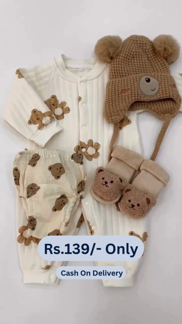 Cute Teddy Print Full Sleeves Full Length Rompers for Newborns and Infants - Brown & White