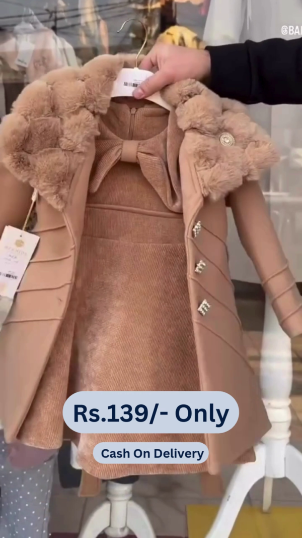 Cutecumber Girl's Smart Casual Suede & Coat Fabric Shift Brown Dress with Long Jacket