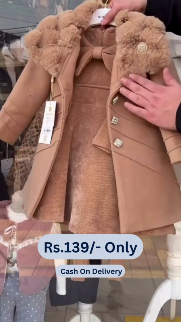 Cutecumber Girl's Smart Casual Suede & Coat Fabric Shift Brown Dress with Long Jacket - Image 5