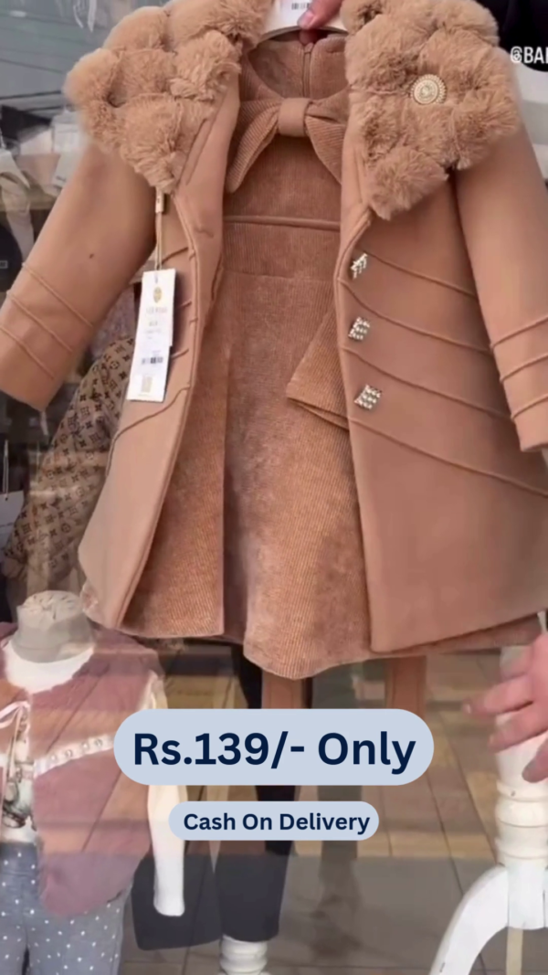 Cutecumber Girl's Smart Casual Suede & Coat Fabric Shift Brown Dress with Long Jacket - Image 6