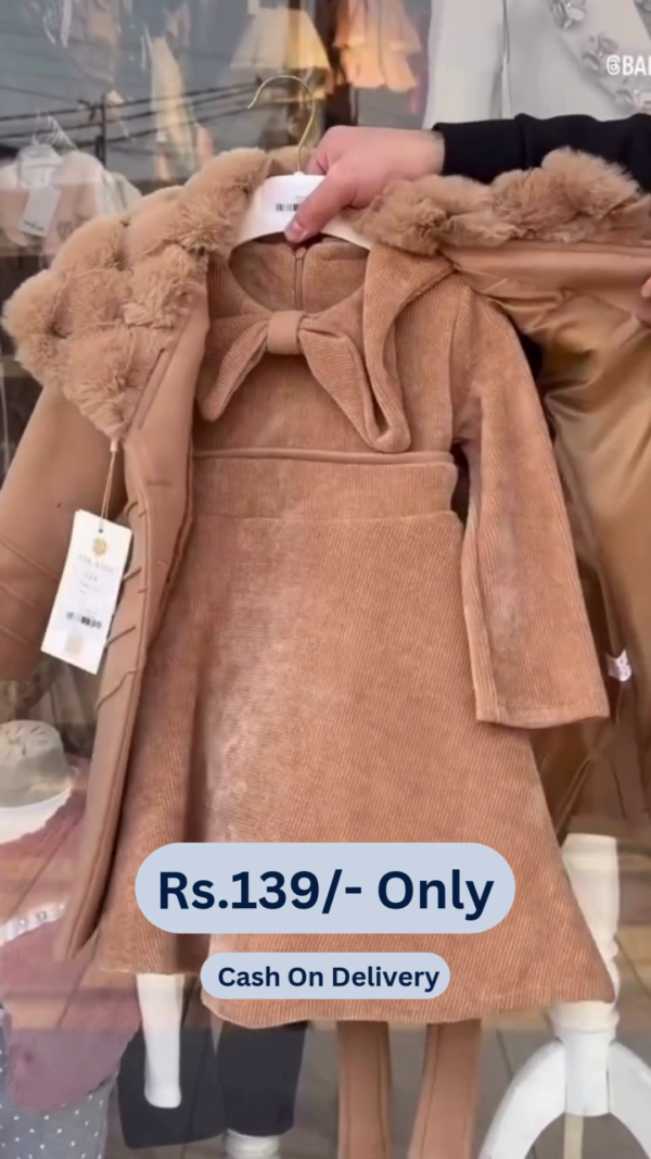 Cutecumber Girl's Smart Casual Suede & Coat Fabric Shift Brown Dress with Long Jacket - Image 4