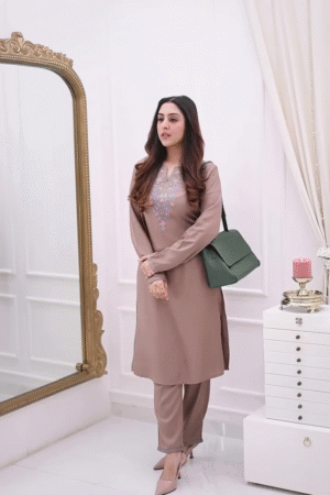 Koala Grey Floral Embroidery Kurti With Pant Set