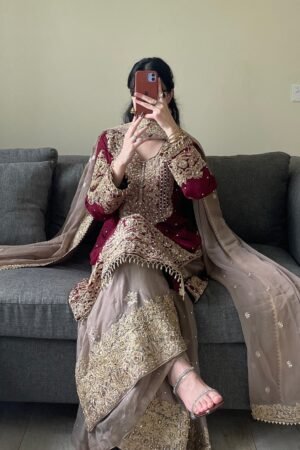 WINE GEORGETTE WITH SHARARA SUIT AND HEAVY DUPATTA