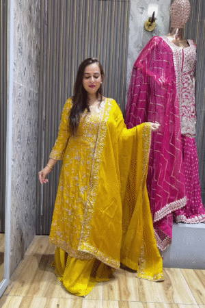 Women Yellow Ethnic Motifs Embroidered Gotta Patti Kurta with Sharara & Dupatta