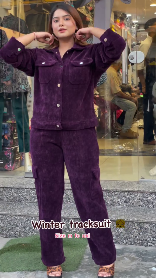 Women Greay Solid Double-Breasted Corduroy Co-Ords Set For luxurious Look