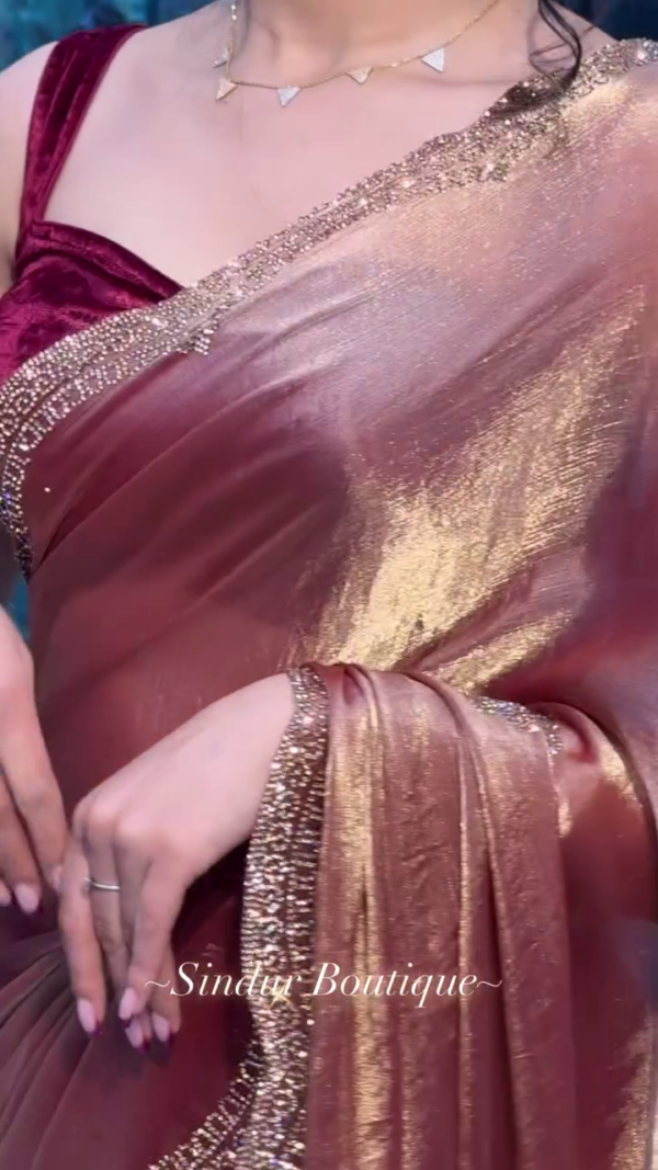 Peach Color Jimmy choo Thread Sequence Work Saree - Image 3