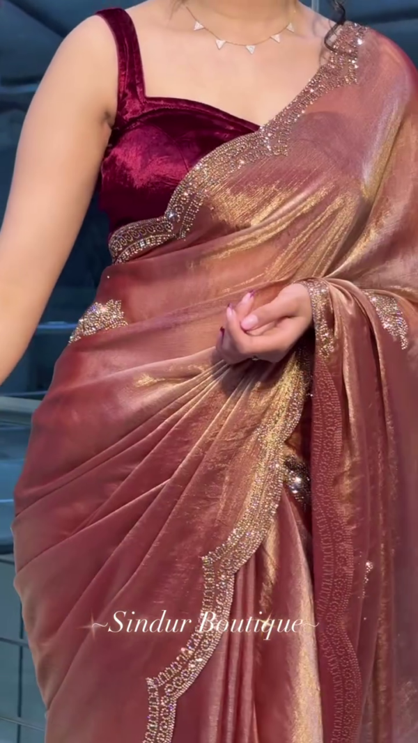 Peach Color Jimmy choo Thread Sequence Work Saree - Image 5