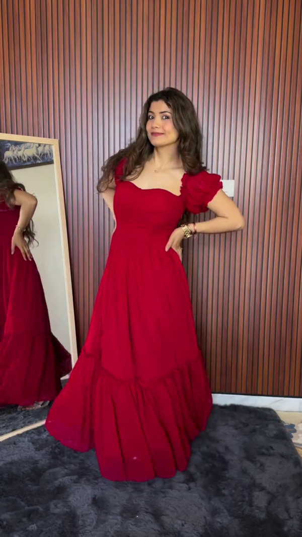 Women's Georgette Solid Maxi Dress Front Trangle Cut Fit & Flare Long Gown Dress - Image 2