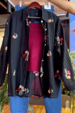 Black Hand Embroidered Shirt With Pants Co-Ord Set