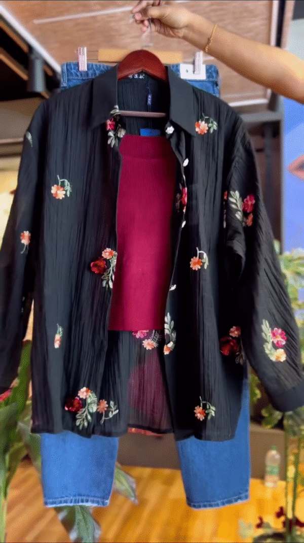 Black Hand Embroidered Shirt With Pants Co-Ord Set