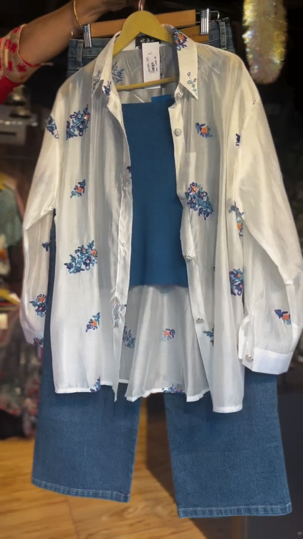 Trendy  blue  Oversize Linen Embroidered Shirt-With Iner Sat