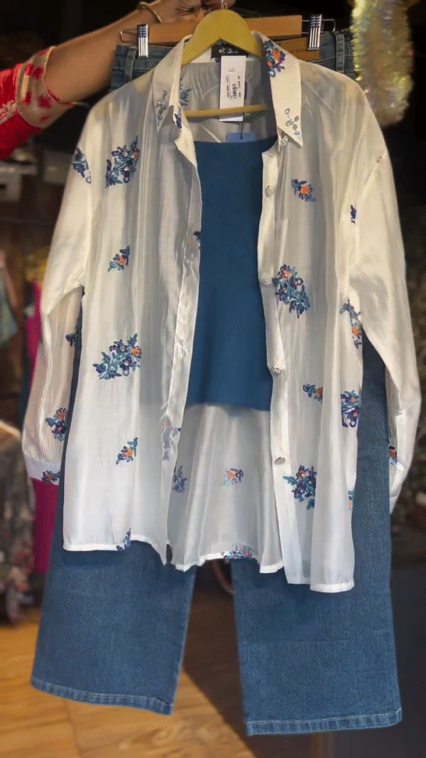 Trendy  blue  Oversize Linen Embroidered Shirt-With Iner Sat - Image 2