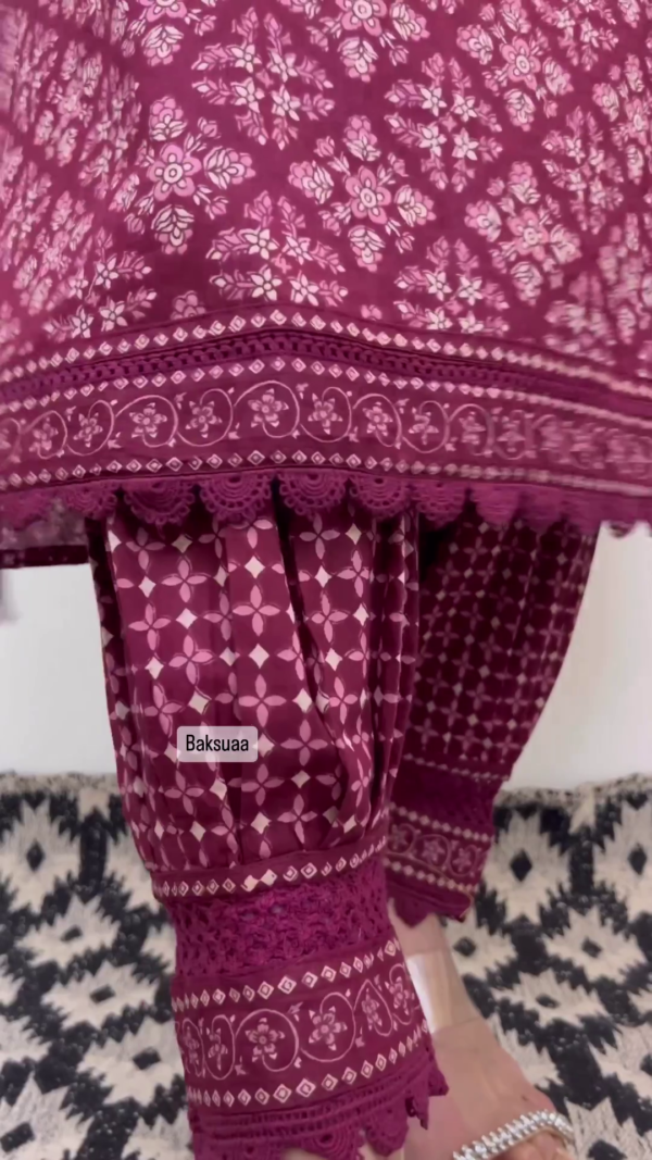 Elegant Wine Color Floral Cotton Afghani Suit Set - Image 3