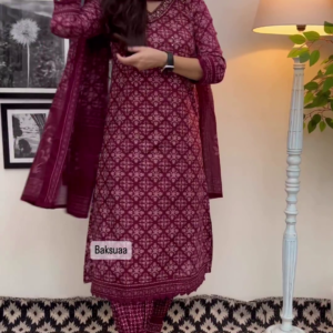 Elegant Wine Color Floral Cotton Afghani Suit Set