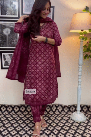 Elegant Wine Color Floral Cotton Afghani Suit Set