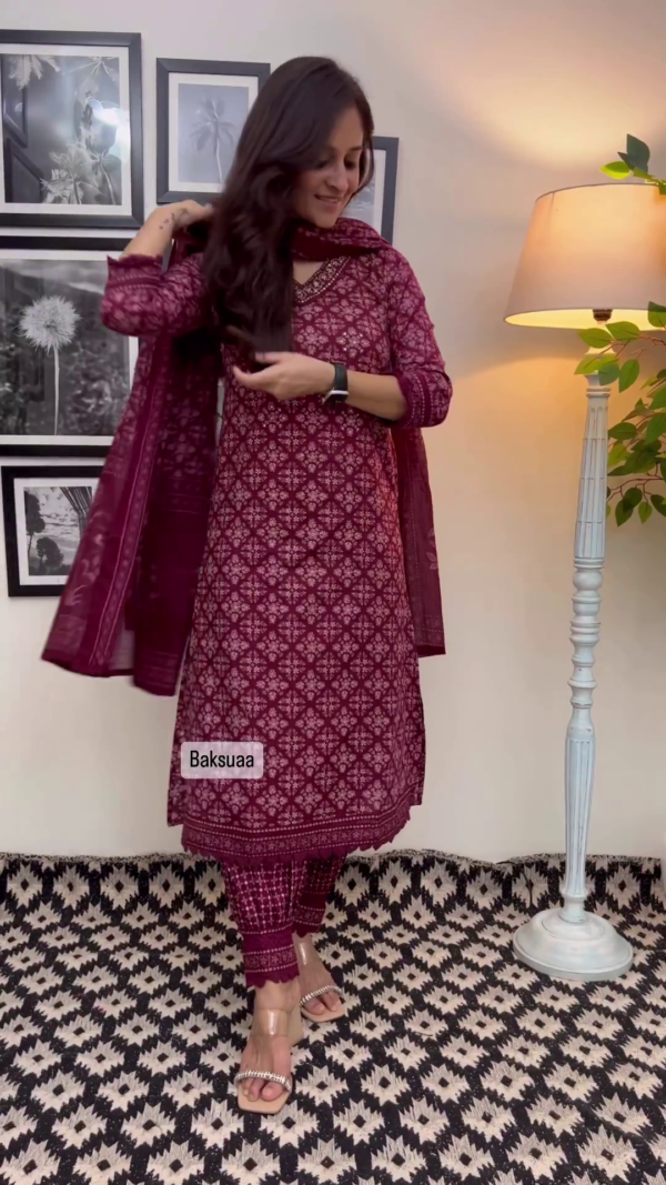 Elegant Wine Color Floral Cotton Afghani Suit Set