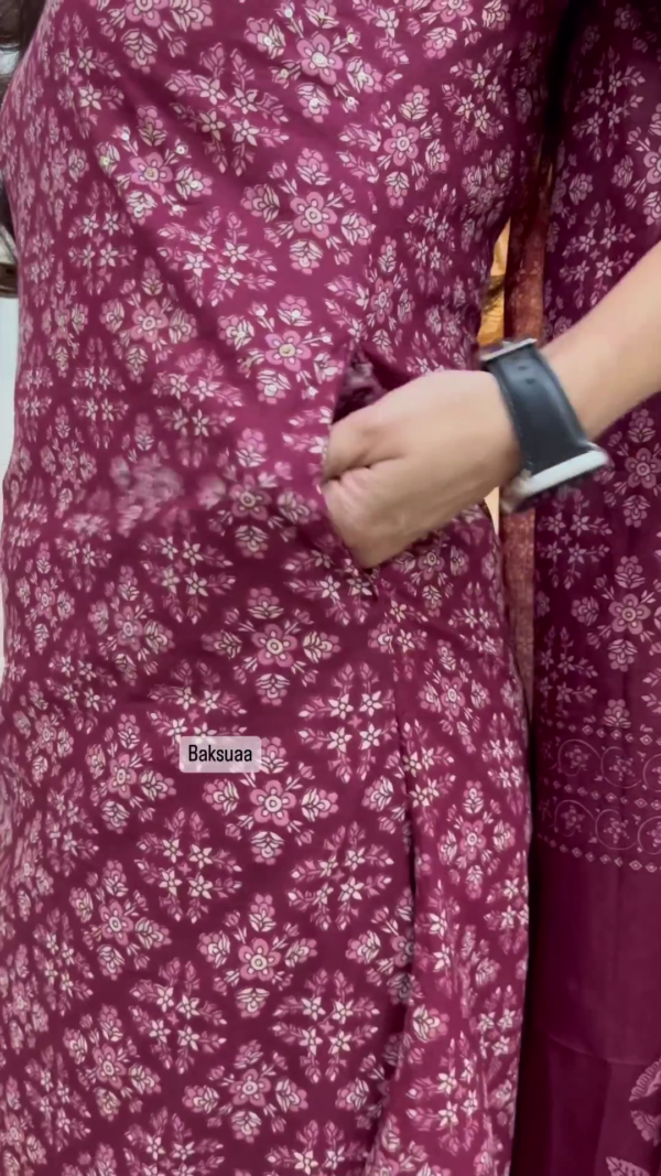 Elegant Wine Color Floral Cotton Afghani Suit Set - Image 4