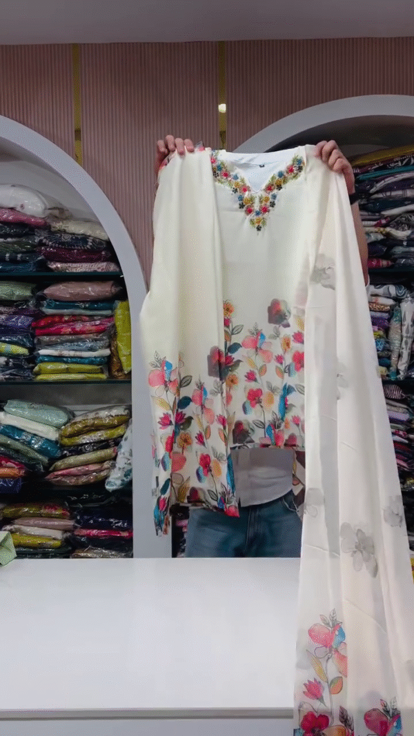 Elegant Off-White Floral Embroidered Kurti Set