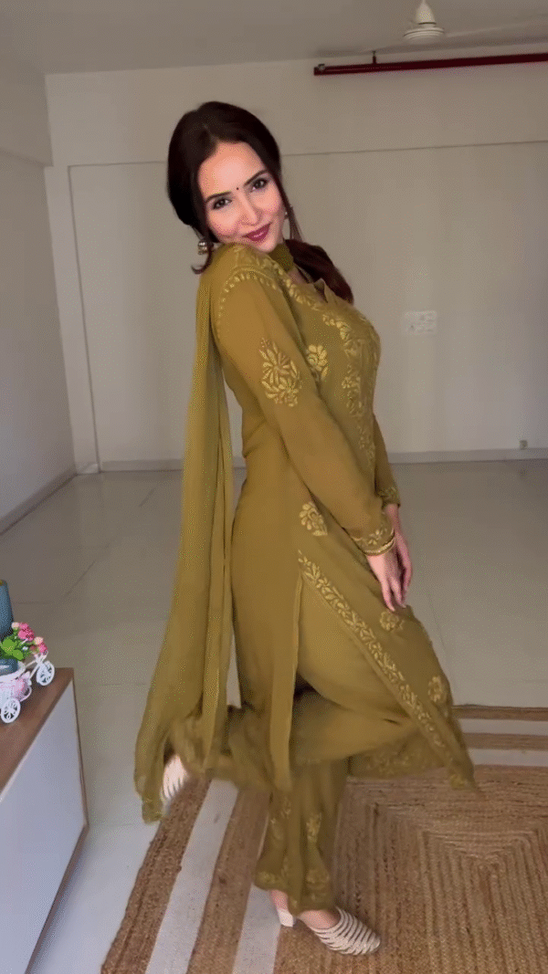 Olive Green Designer Chikankari suit set - Image 2