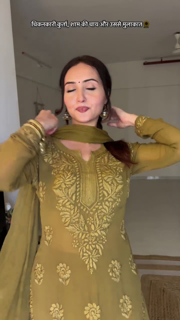 Olive Green Designer Chikankari suit set - Image 4