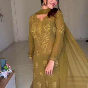 Olive Green Designer Chikankari suit set