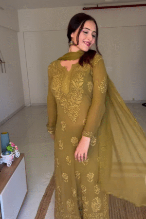 Olive Green Designer Chikankari suit set