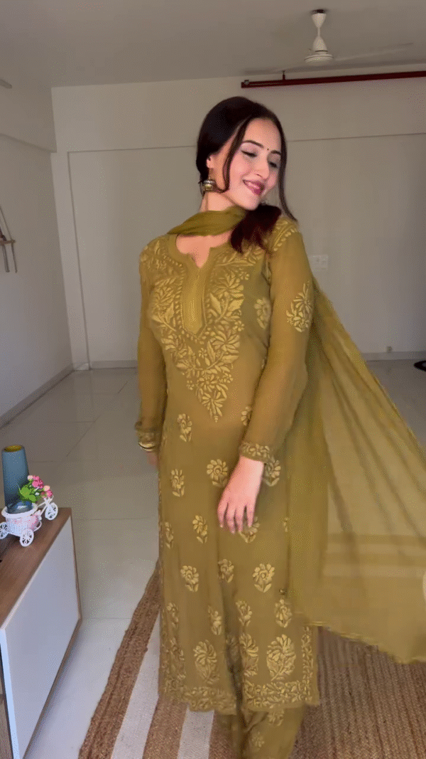 Olive Green Designer Chikankari suit set