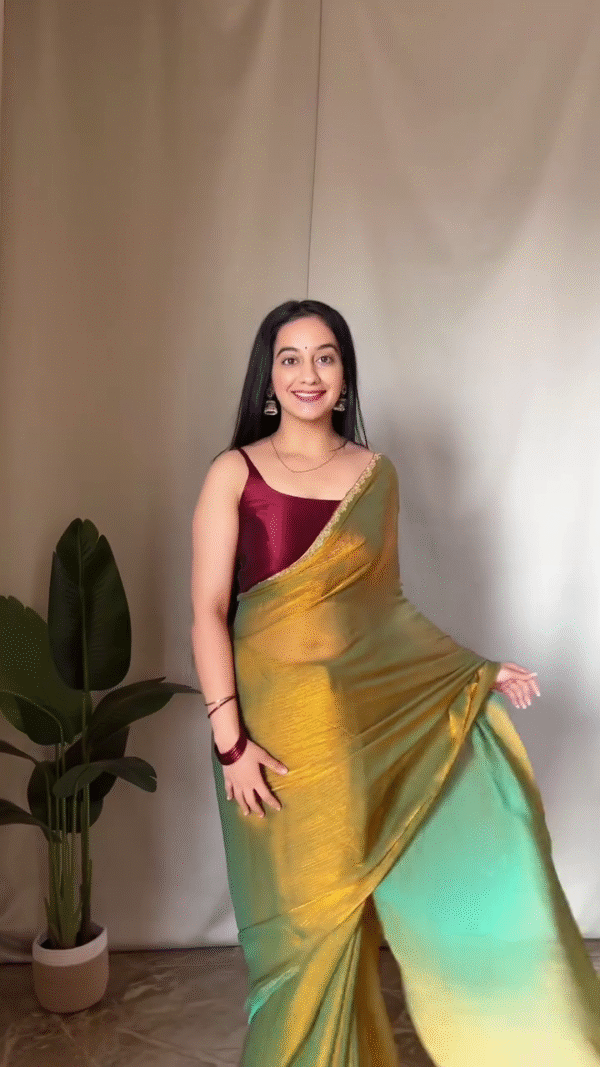 Women's Golden Green Blue Two Tone Galexy Chiffon Silk Tissue Saree With Running Blouse - Image 2