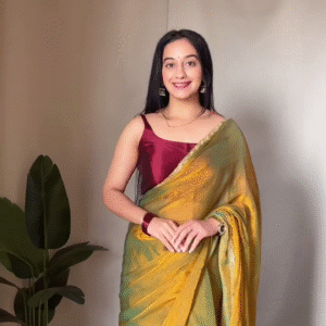 Women's Golden Green Blue Two Tone Galexy Chiffon Silk Tissue Saree With Running Blouse