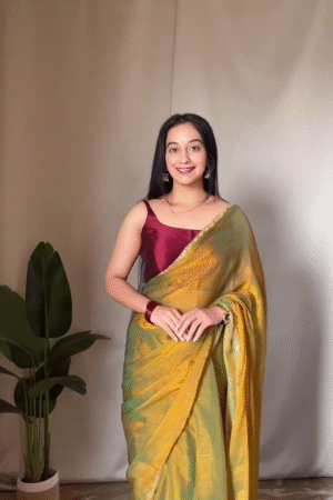 Women's Golden Green Blue Two Tone Galexy Chiffon Silk Tissue Saree With Running Blouse
