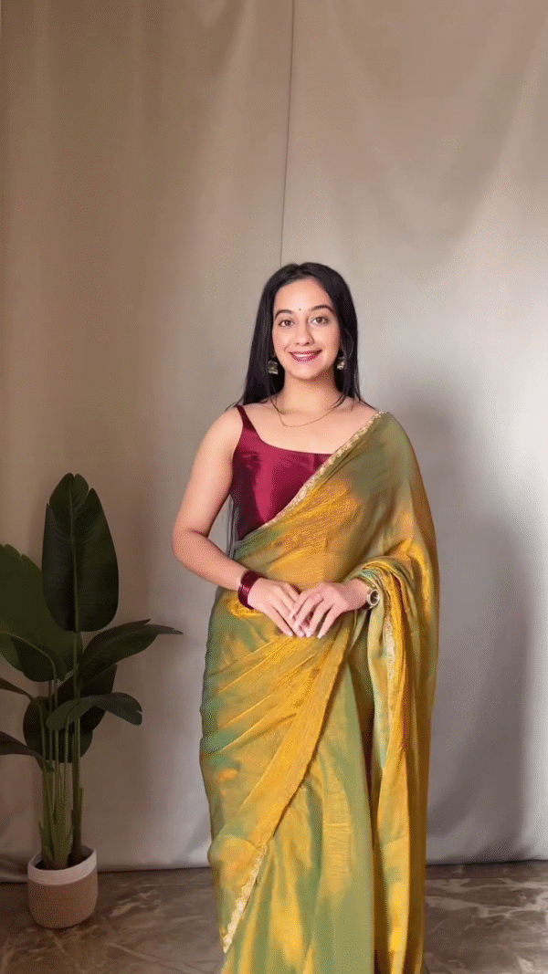 Women's Golden Green Blue Two Tone Galexy Chiffon Silk Tissue Saree With Running Blouse