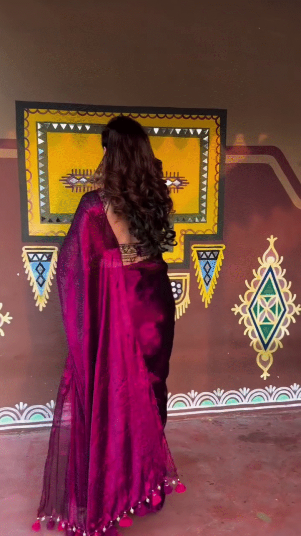 Plain Satin Silk Party Wear Saree with Embroidered Work Blouse - Image 4
