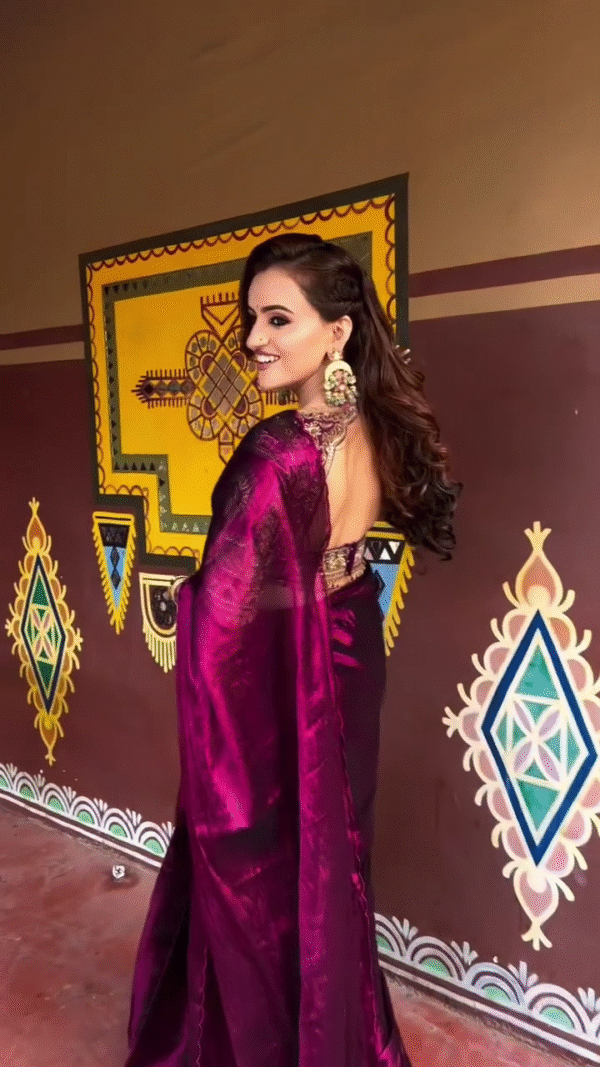 Plain Satin Silk Party Wear Saree with Embroidered Work Blouse - Image 2
