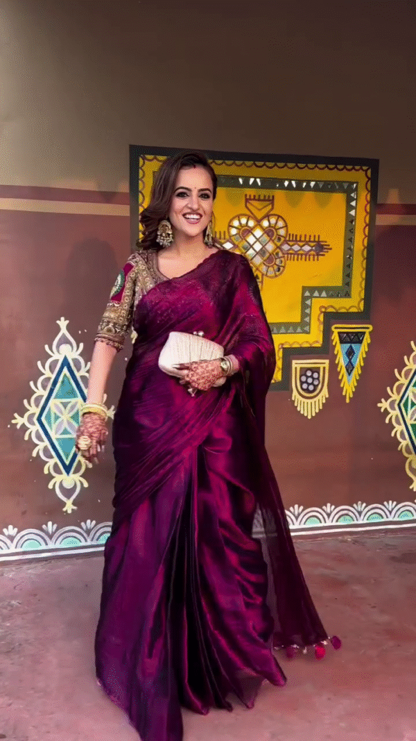 Plain Satin Silk Party Wear Saree with Embroidered Work Blouse - Image 5