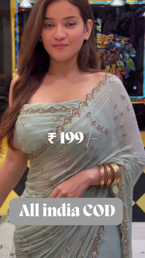 Buy Sky Blue Stonework Georgette Saree - Image 8