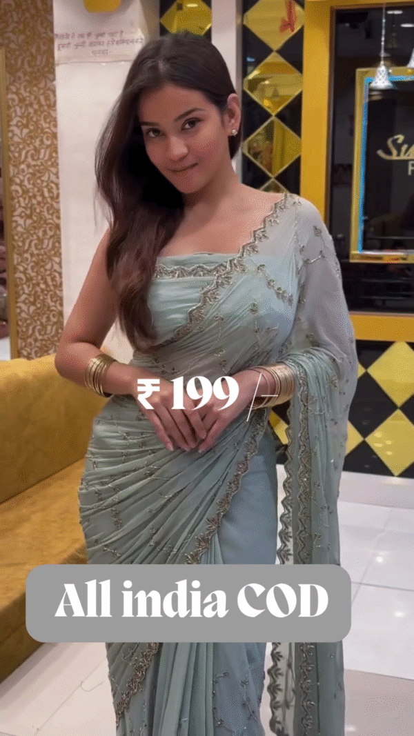 Buy Sky Blue Stonework Georgette Saree - Image 6