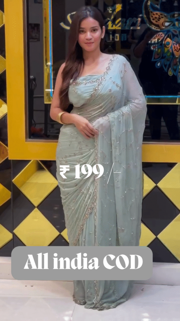 Buy Sky Blue Stonework Georgette Saree - Image 7