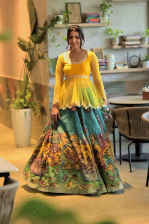 NEW STYLISH HEVY CHINON KALAMKARI PRINTED LEHENGA KOTI & FRILL & SEQUENCE WORK