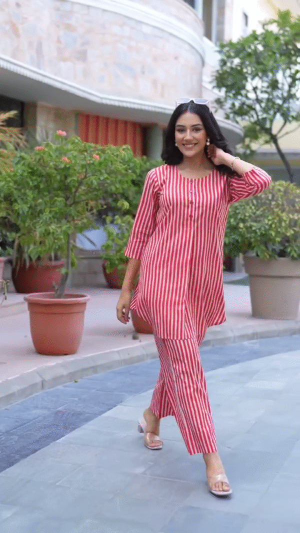 Buy  WOMEN RED STRIPED CO-ORD SET - Image 7
