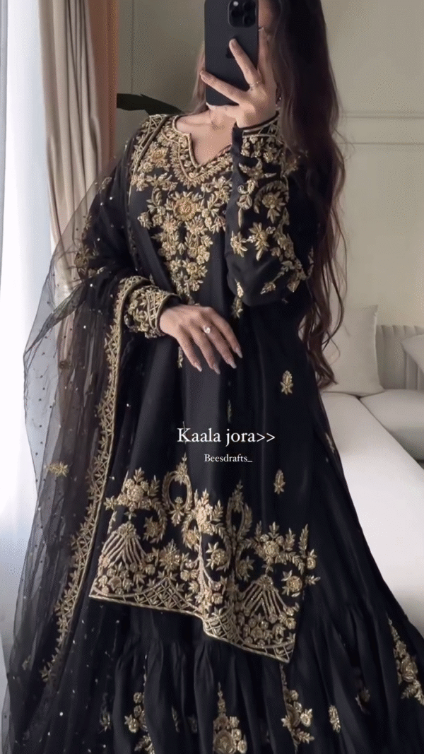 Black Heavy Embroidered Natural Crepe Sharara Suit Set with Georgette Dupatta Ready - Image 3