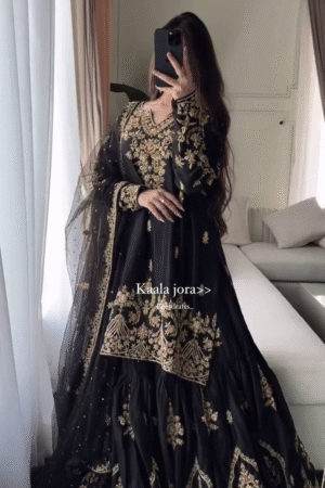 Black Heavy Embroidered Natural Crepe Sharara Suit Set with Georgette Dupatta Ready