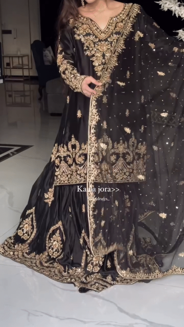 Black Heavy Embroidered Natural Crepe Sharara Suit Set with Georgette Dupatta Ready - Image 4
