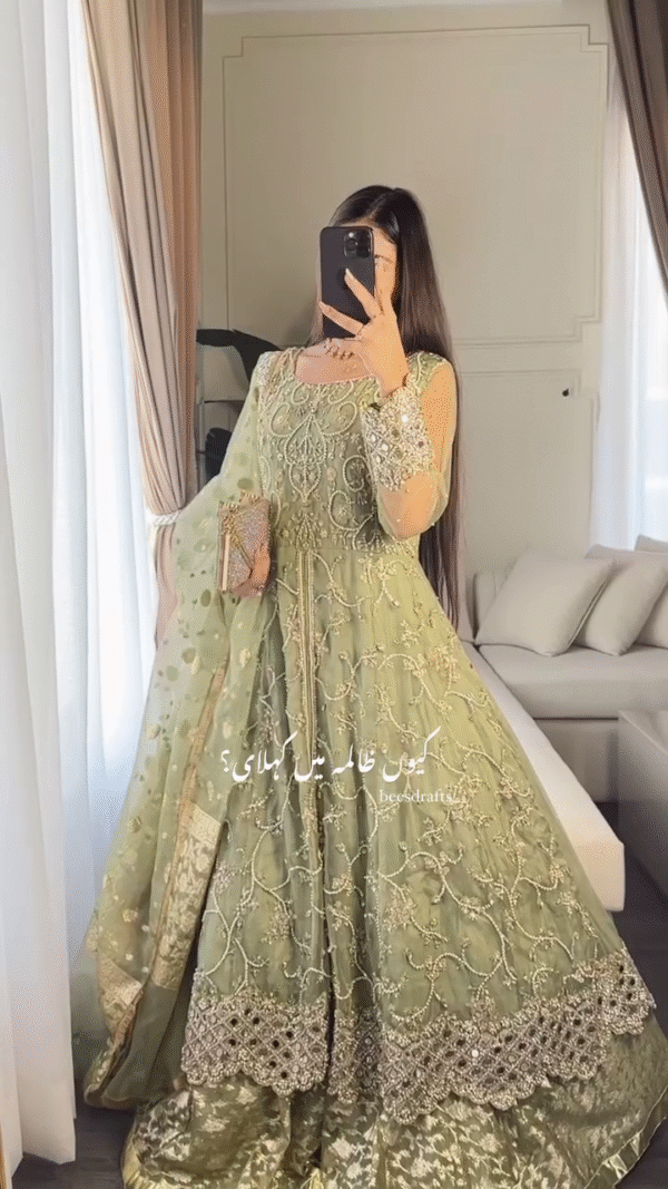 Embroidered Designer Pakistani Bridal Dress in Heavily Embroidered Traditional Bridal Gown in Lime Green Lehenga with Zardozi Embellished Gown - Image 4