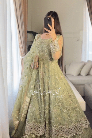 Embroidered Designer Pakistani Bridal Dress in Heavily Embroidered Traditional Bridal Gown in Lime Green Lehenga with Zardozi Embellished Gown