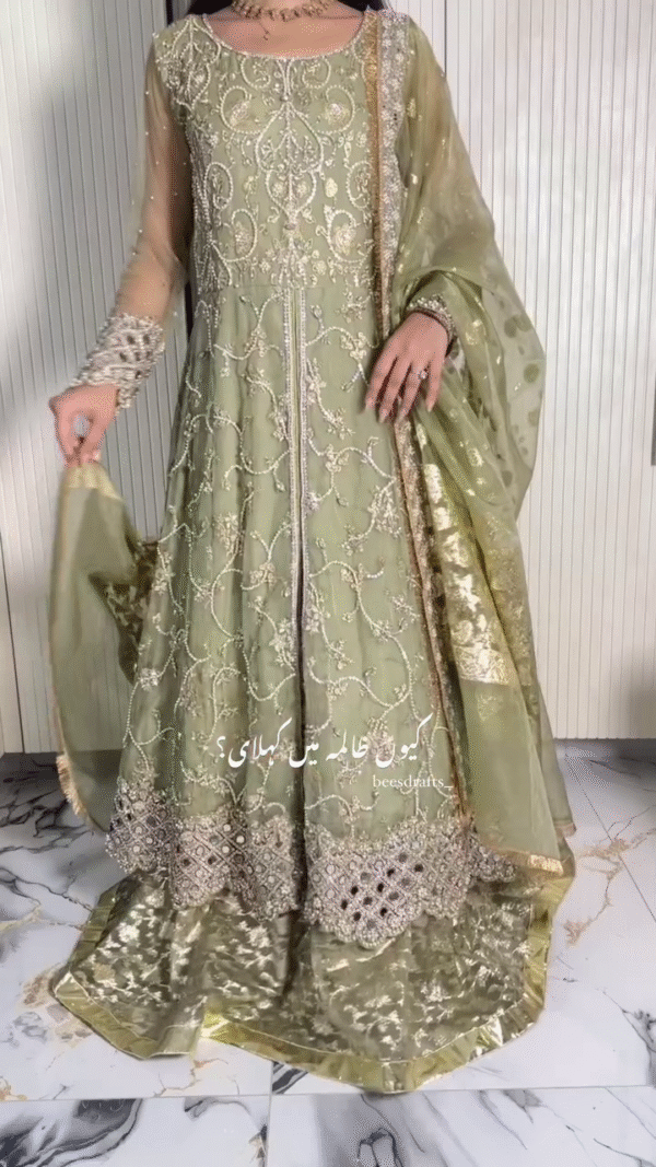 Embroidered Designer Pakistani Bridal Dress in Heavily Embroidered Traditional Bridal Gown in Lime Green Lehenga with Zardozi Embellished Gown - Image 2