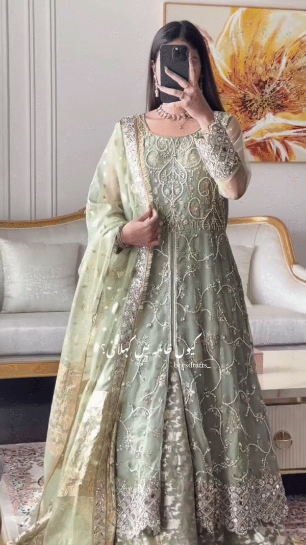 Embroidered Designer Pakistani Bridal Dress in Heavily Embroidered Traditional Bridal Gown in Lime Green Lehenga with Zardozi Embellished Gown - Image 6